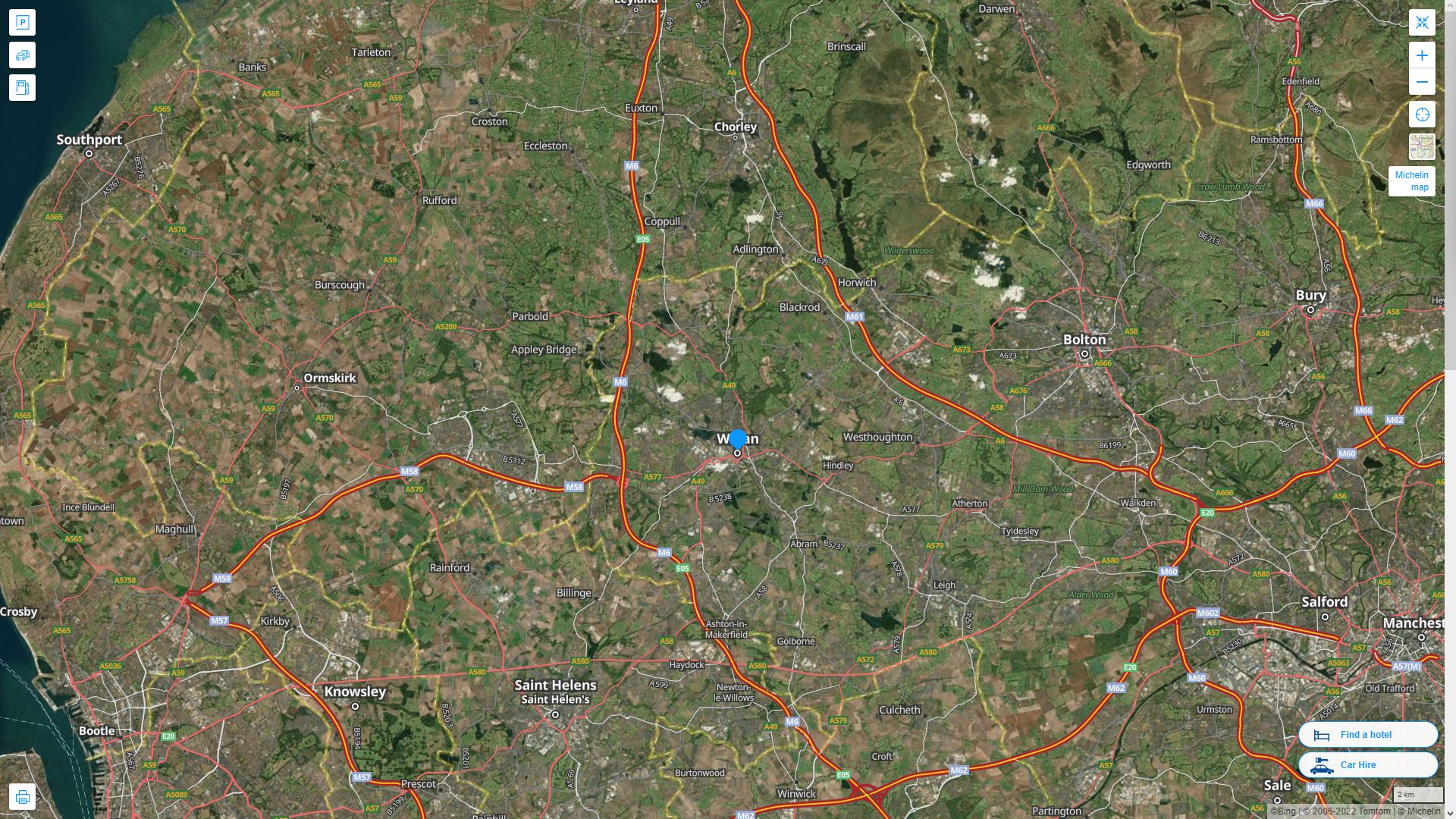 Wigan Royaume Uni Autoroute et carte routiere avec vue satellite
